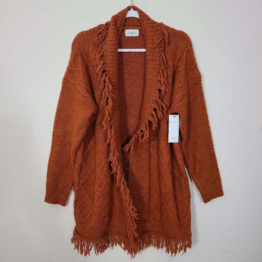 Fable Rust Orange Womens S/M Fringe Cardigan Knit Boho Autumn Western NWT